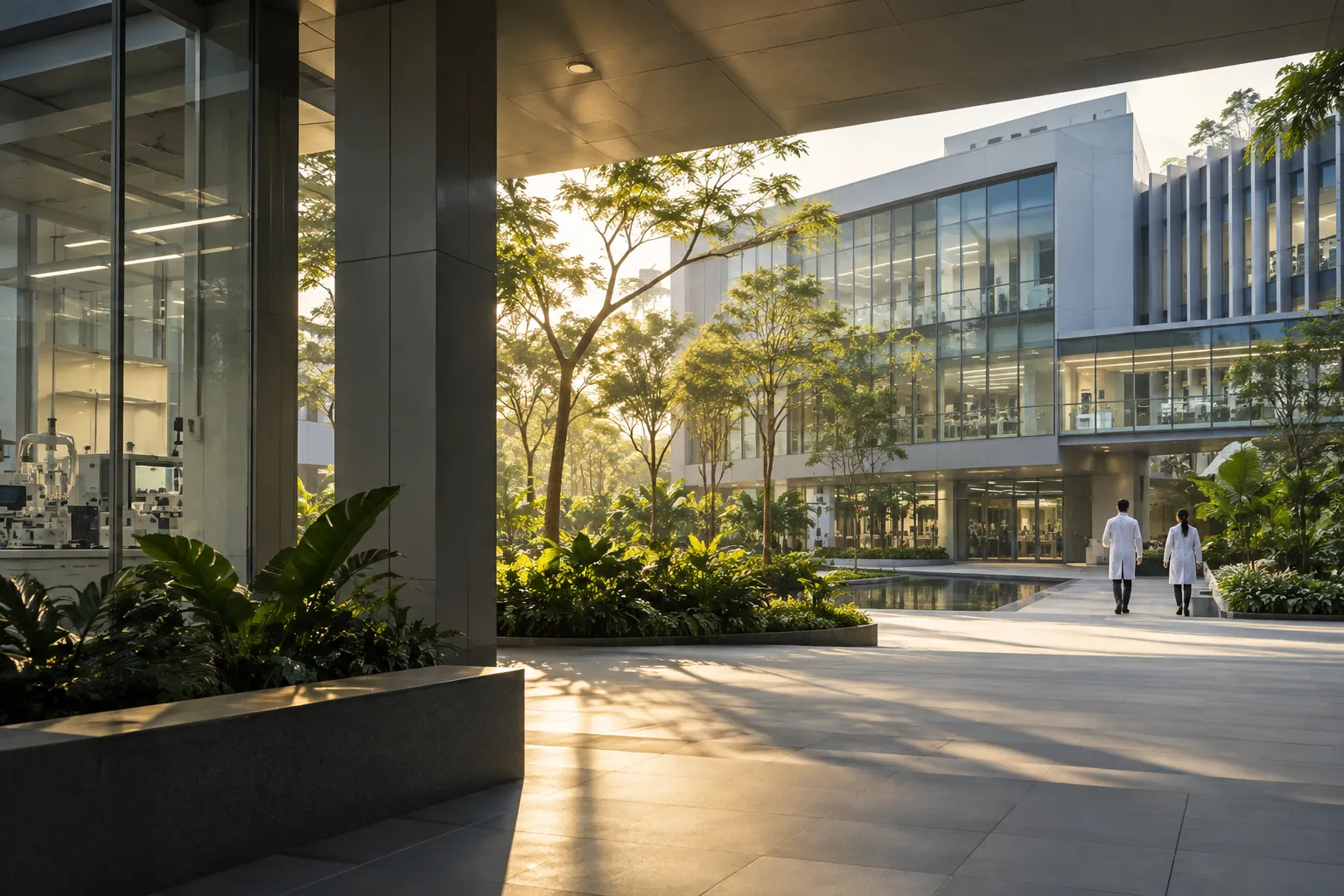 Medical research campus with connected clinical buildings